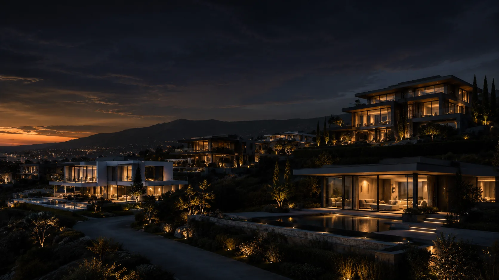 Villas de lujo iluminadas al atardecer sobre las colinas de Villavicencio, Meta